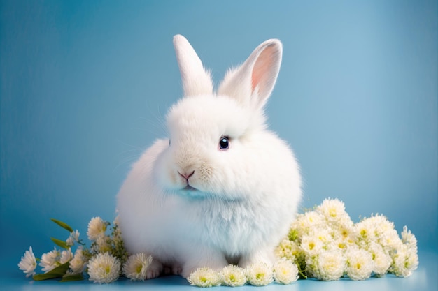 Coelho bebê fofo com flores sobre fundo azul Coelho fofo fofo Conceito de símbolo de Páscoa animal Generative AI