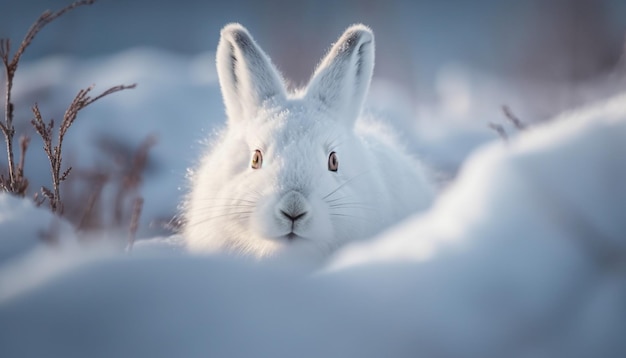 Coelho bebê fofo senta-se na IA geradora de neve de inverno