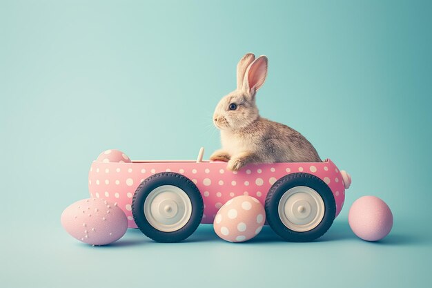 coelho bonito com um carro de brinquedo e ovos de Páscoa na natureza conceito de cartão de saudação de Páscua