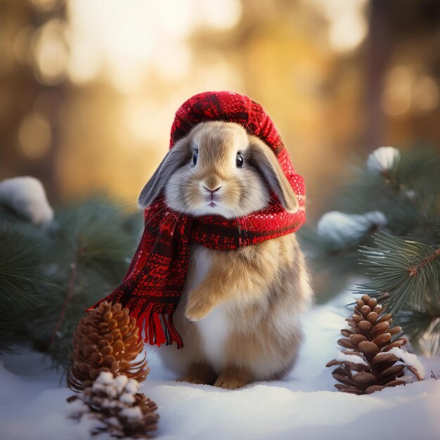 Foto coelho bonito com um lenço quente e presentes debaixo da árvore de natal