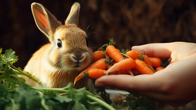 Foto coelho bonito comendo cenoura de mãos humanas cuidados de saúde e amor aos animais conceito ai gerativa