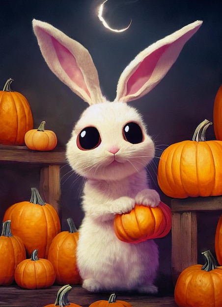 Coelho bonito dos desenhos animados com ilustração Digital de abóboras de Halloween.