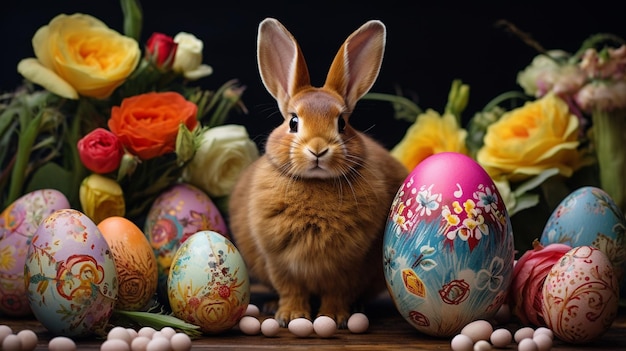 Coelho bonito e ovos de Páscoa em um fundo escuro Conceito e ideia de Feliz Dia da Páscoa