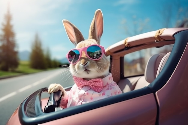 Foto coelho bonito em carro de brinquedo rosa na calçada com cauda de algodão branco pendurada