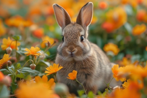 Coelho bonito em flores de primavera Feliz Páscoa