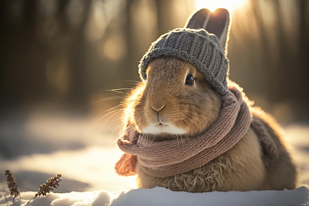 Coelho bonito em um cachecol quente e um chapéu de inverno na borda da floresta no inverno gerado por IA