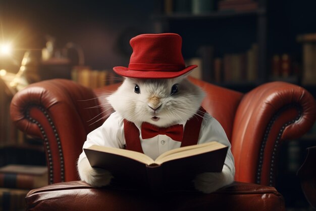 Coelho branco absorvido na leitura de um livro vestindo um chapéu vermelho
