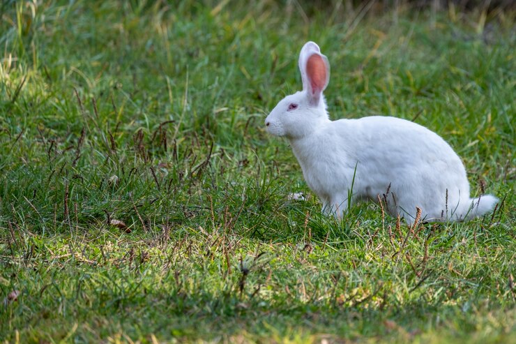 Coelho branco caminha num prado verde