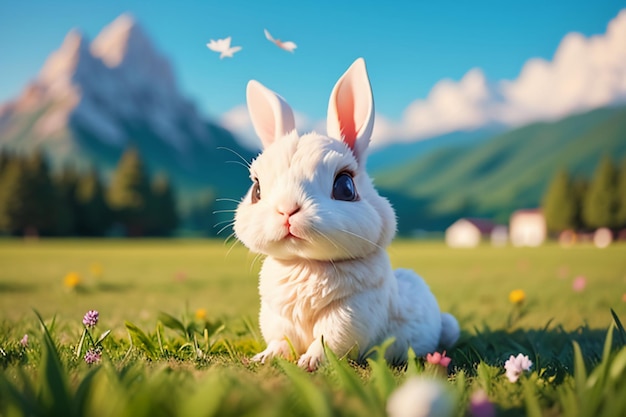 Coelho branco com orelhas compridas brincando na grama fundo de papel de parede animal coelho de estimação fofo