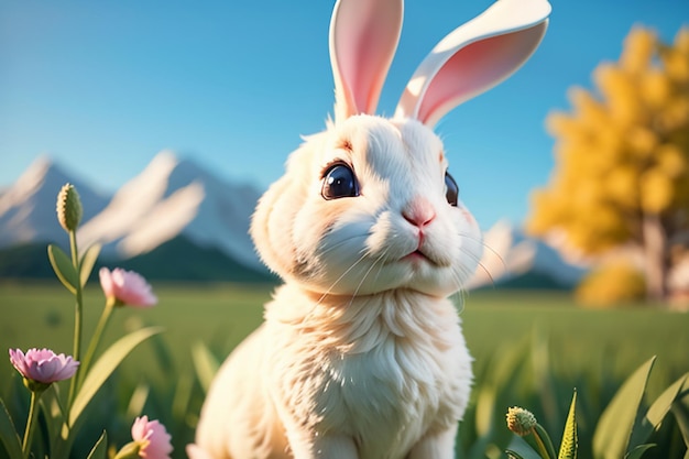 Coelho branco com orelhas compridas brincando na grama fundo de papel de parede animal coelho de estimação fofo