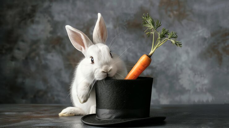 Foto coelho branco com uma cenoura saindo de um chapéu perfeito para a magia da páscoa ou uma imagem infantil divertida