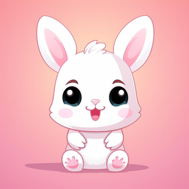 Foto coelho branco de desenho animado sentado em suas patas traseiras com um fundo rosa