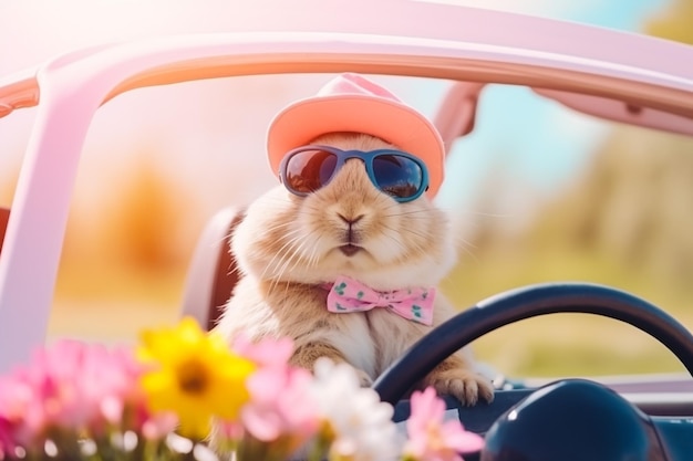Foto coelho branco de páscoa anda para dar presentes coelho no carro no assento do motorista atrás do volante coelho motorista