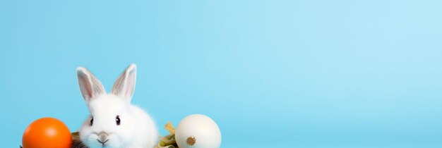 Foto coelho branco sentado ao lado de ovos