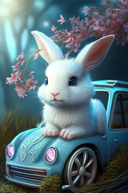 Coelho branco sentado em cima do carro com flor it generativa ai