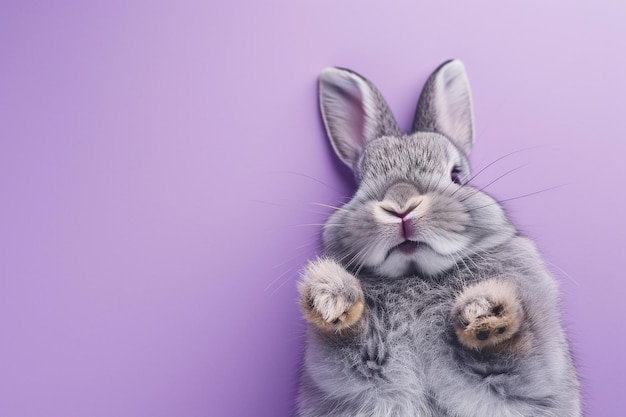 Coelho cinzento bonito deitado de costas em fundo roxo orelhas fofinhas postura brincalhona palhaçadas de animais coelho patas adoráveis bigodes de animais de estimação detalhe posição cômica close-up tiro espaço para texto