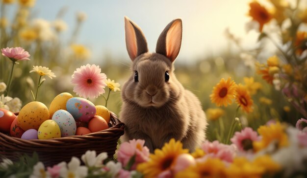 Coelho-coelho bonito e ovos de Páscoa coloridos em um ninho Conceito de celebração feliz de Páscua com ovo