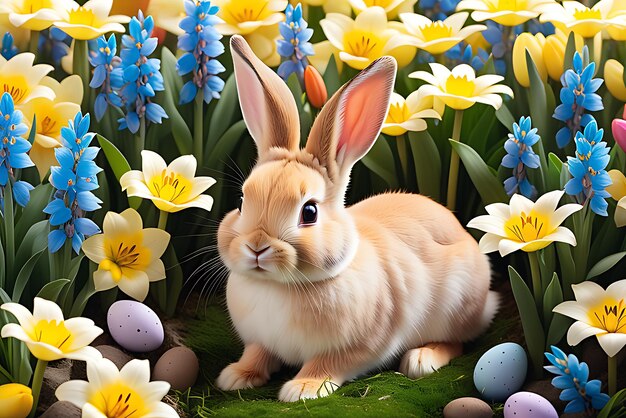Coelho-coelho no cesto de Páscoa com ovos decorados e flores de IA generativa