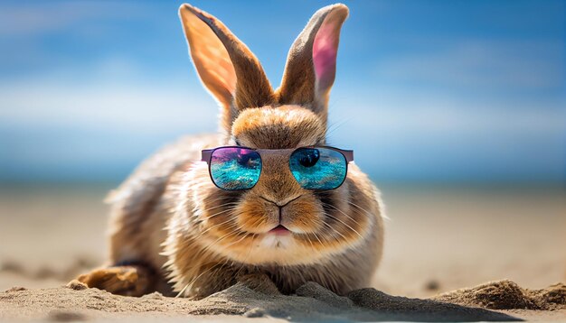 Coelho coelho usando óculos de sol coloridos na praia