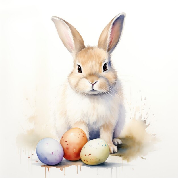 Foto coelho com ovos de páscoa aquarela