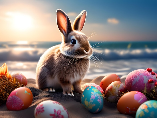 Coelho da Páscoa cercado por ovos coloridos Perfeito para celebrar feriados