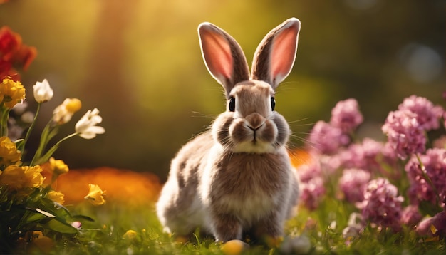 Coelho da Páscoa cercado por um campo vibrante de flores