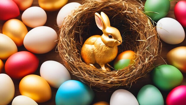 Coelho da Páscoa com ovos de Páscoa Bandeira de Páscua com coelhos de chocolate e ovos lindamente pintados