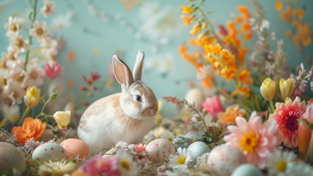 Coelho da Páscoa em meio a uma exposição floral colorida com ovos