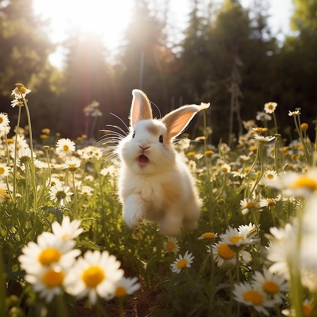 Foto coelho da páscoa no campo de flores