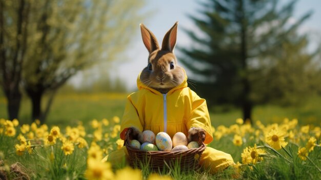 Foto coelho da páscoa sentado em um campo verde com um cesto de ovos no prado de primavera caça de páscoa