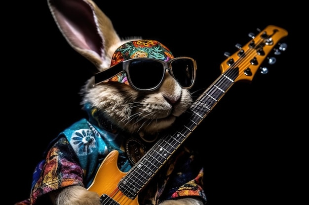 Coelho de balanço posando com sua faixa de óculos de sol de guitarra elétrica laranja e jaqueta colorida Retrato de estúdio contra um fundo preto Coelhinho tocador de guitarra
