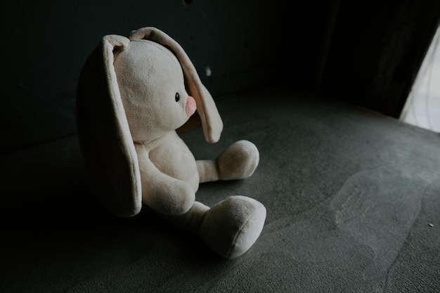 Coelho de brinquedo sentado ao lado da janela Conceito de solidão Dia internacional das crianças desaparecidas