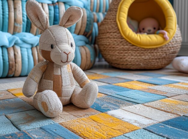 Coelho de brinquedo sentado em tapete multicolorido na sala das crianças