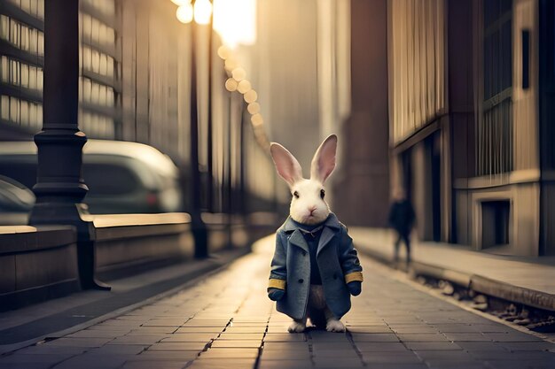 Foto coelho de casaco na rua com uma jaqueta que diz coelho.