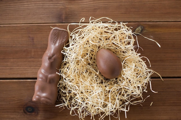 coelho de chocolate e ovo em ninho de palha em madeira