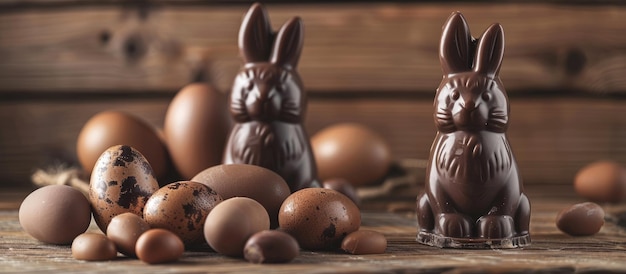 Coelho de chocolate e ovos para a Páscoa em um pano de fundo de madeira