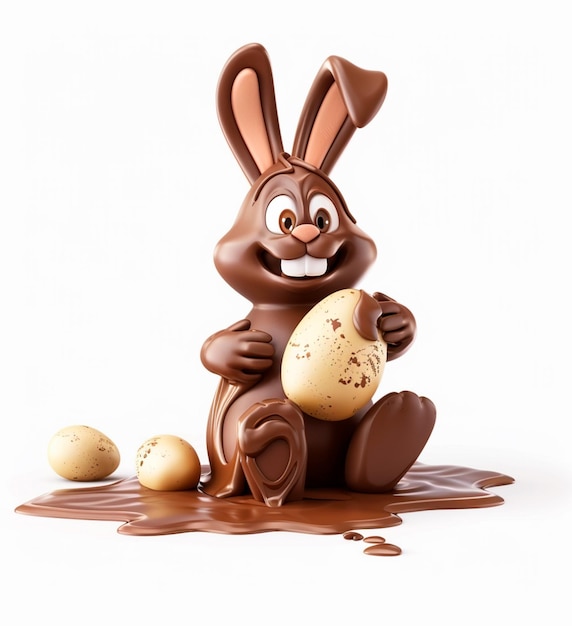 Coelho de chocolate sentado em molho de chocolate segurando um ovo de Páscoa 3D