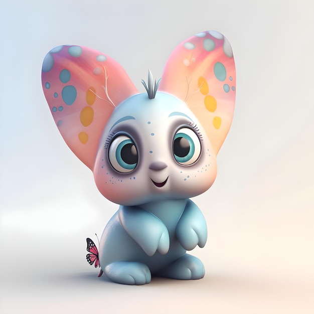 Coelho de desenho animado bonito com borboleta em um fundo branco renderização 3D