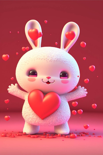 Coelho de desenho animado segurando um coração em um fundo rosa generativo ai