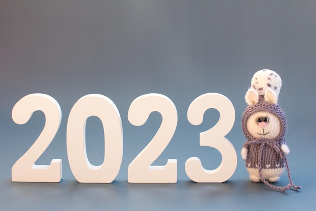 Coelho de malha com números 2023 Ano Novo e espaço de cópia de Natal