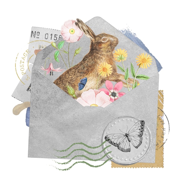 Coelho de Páscoa adesivo png envelope aberto arte de colagem em fundo transparente