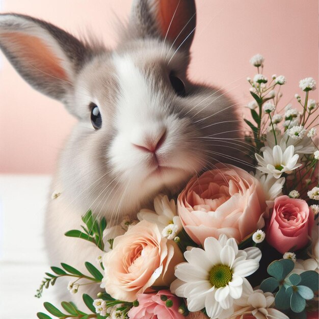 Foto coelho de páscoa bonito e flores de primavera sobre fundo branco em close-up