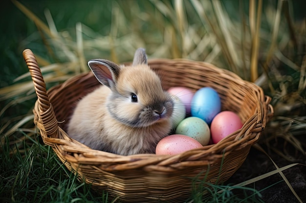Coelho de Páscoa bonito e ovos coloridos em uma cesta em grama verde gerada pela IA