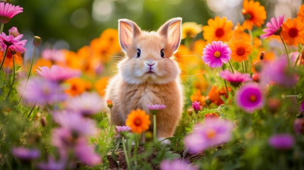 Foto coelho de páscoa bonito em um campo com flores na natureza nos raios do sol