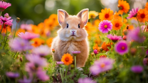 Coelho de Páscoa bonito em um campo com flores na natureza nos raios do sol