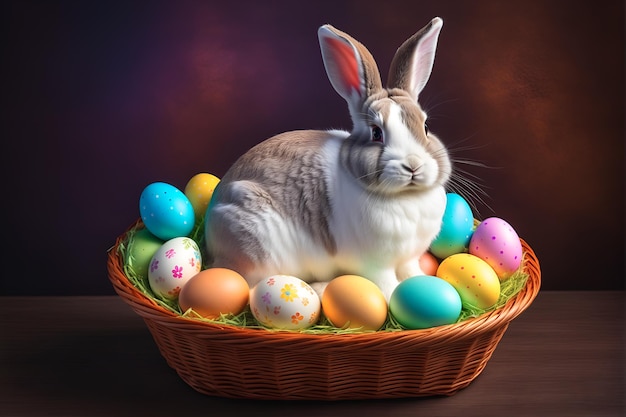 Foto coelho de páscoa bonito sentado em uma cesta com ovos coloridos