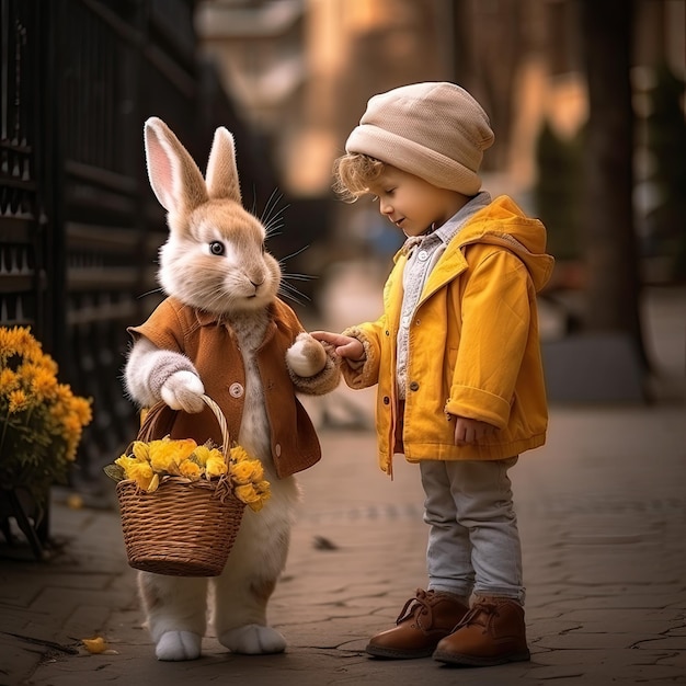 Coelho de Páscoa com cestinha de flores e criança bonita ilustração realista bandeira ou fundo de Páscua