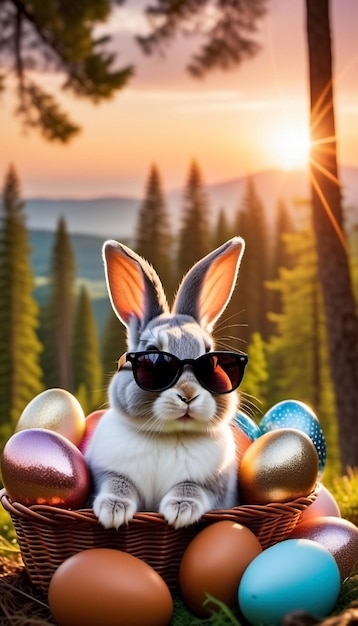Coelho de Páscoa com óculos de sol, flores e ovos coloridos. Conceito de Páscua feliz.