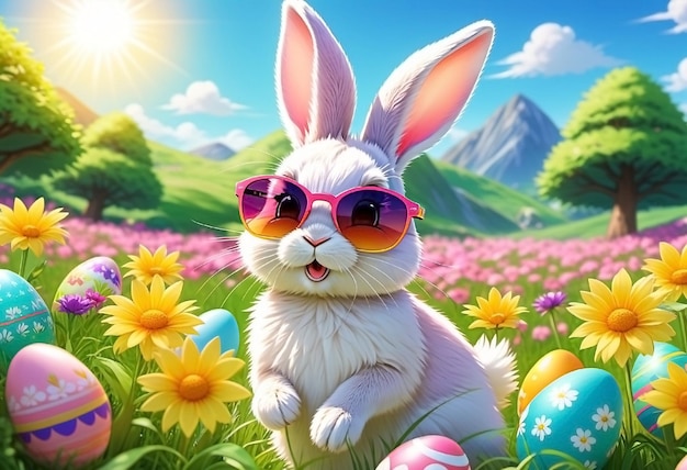 Coelho de Páscoa com óculos de sol, flores e ovos coloridos. Conceito de Páscua feliz.
