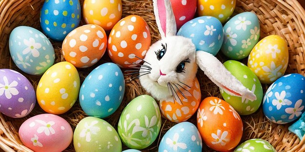 Foto coelho de páscoa e ovos coloridos em basket em close-up